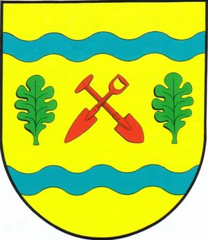 Das Wappen mit zwei Wellenbalken, zwei Eichenblättern und zwei sich kreuzenden Spaten stellt die Zusammenhänge der Besiedelung Bennebeks dar.