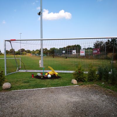 Ein Blumenbeet vor einem Fußballtor beim Kropper Mondschein-Garten 2020